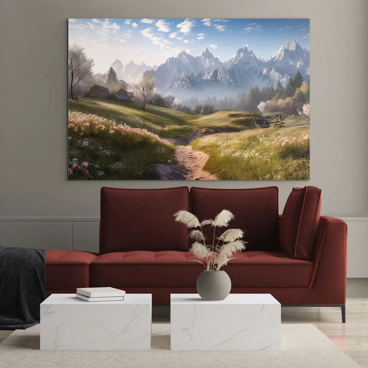 Quadro em vidro - Paisagem de primavera com um vale, flores e montanhas ao fundo pela manhã - 70x50cm - Vale idílico - Decoração de parede moderna para a sala de estar e quarto ARTTOR