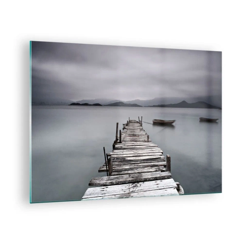 Quadro em vidro - Um cais de madeira em um lago em um dia de neblina - 70x50cm - Amanhã pode ir - Decoração de parede moderna para a sala de estar e quarto ARTTOR