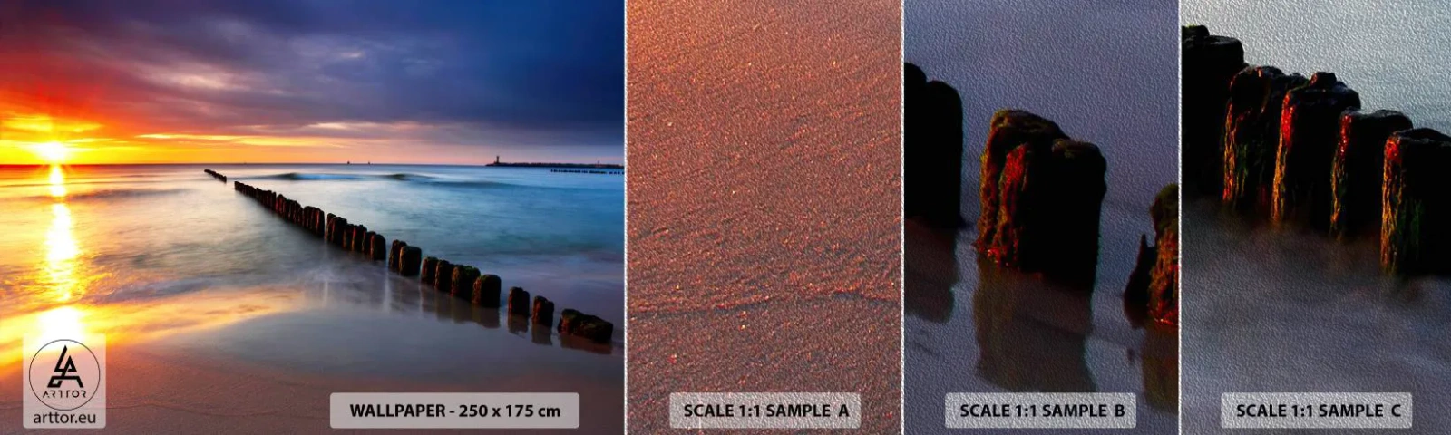 Amostra de papel de parede Premium Sand - Ouça o silêncio - Paisagem, Pôr do sol, Praia - 100x30 cm