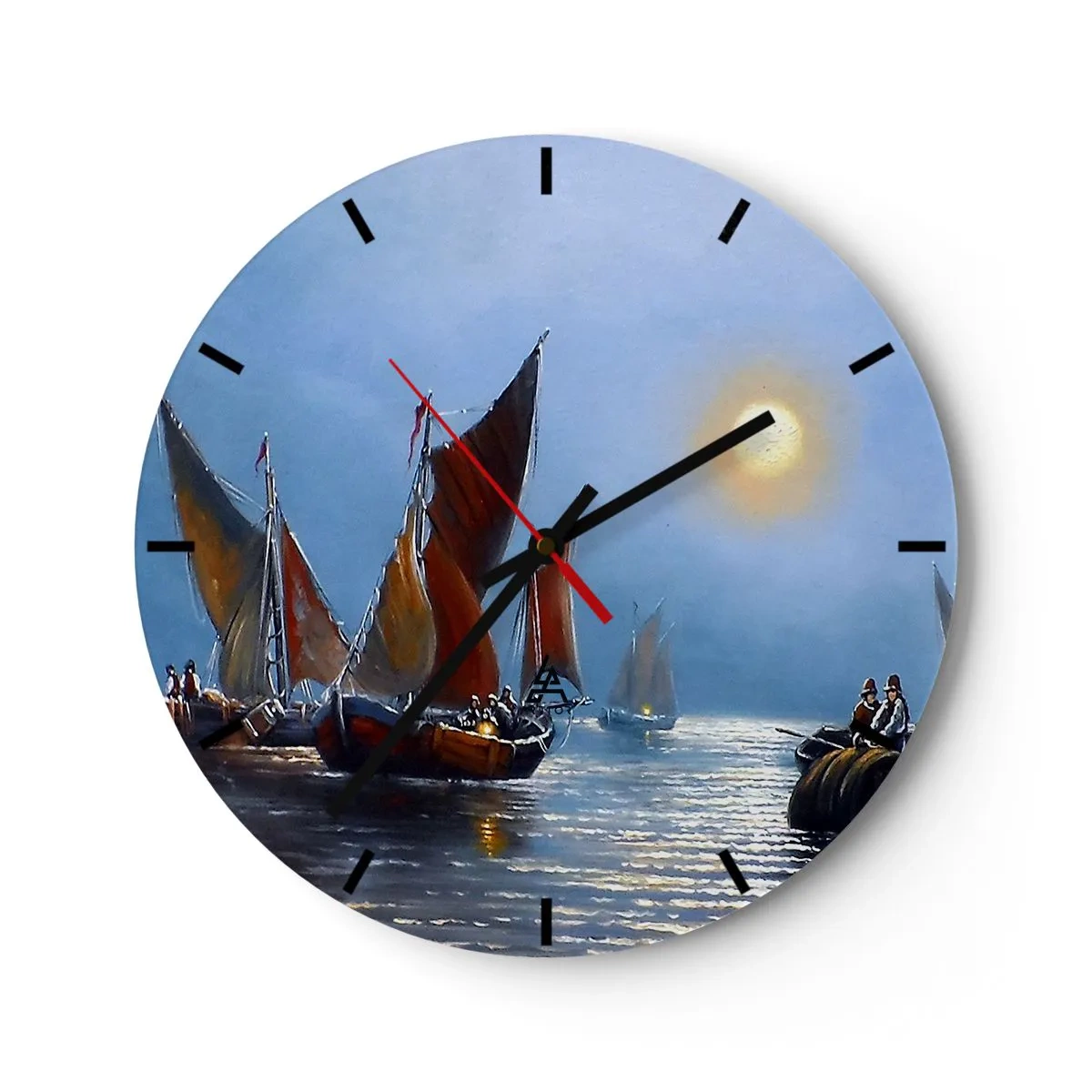 Relógio de parede - Relógio em vidro - Veleiros na água ao luar - 30x30cm - Pesca noturna - Decoração de parede moderna para a sala de estar, cozinha e quarto ARTTOR