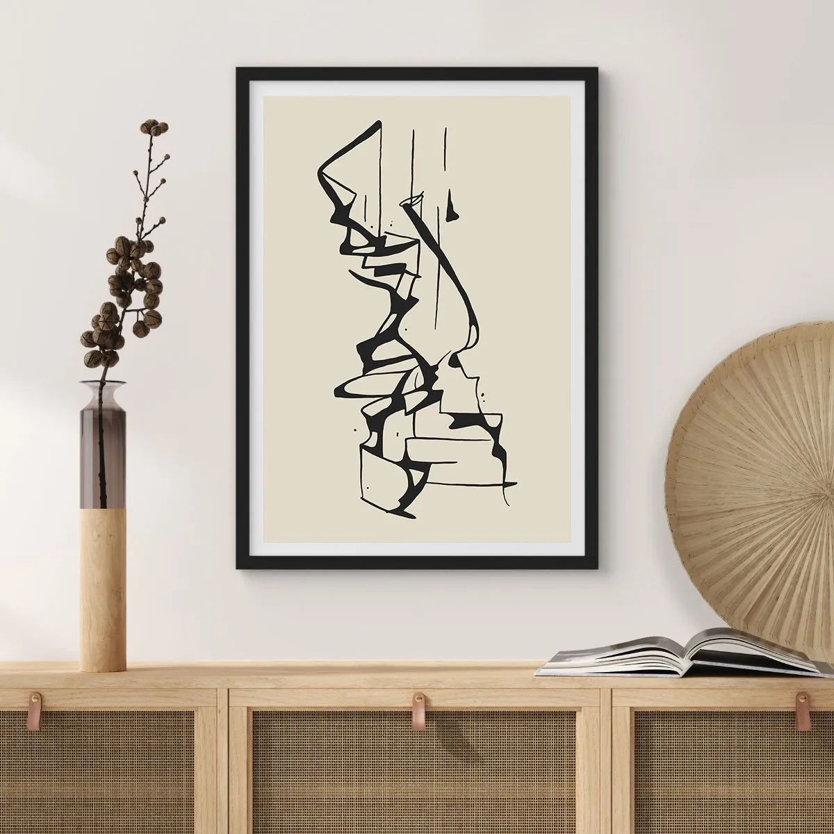 Pôster com moldura preta - Composição abstrata em preto e branco de linhas e formas - 50x70cm - Talvez uma paisagem - Decoração de parede moderna para a sala de estar e quarto ARTTOR