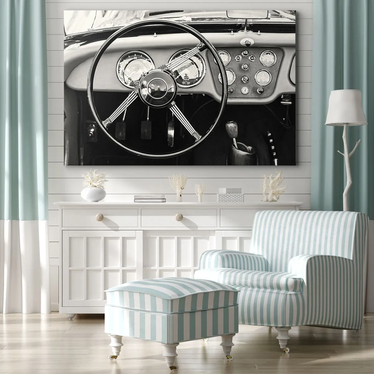 Quadro em tela - Interior de carro clássico em preto e branco - 70x50cm - Um sonho de colecionador - Decoração de parede moderna para a sala de estar e quarto ARTTOR