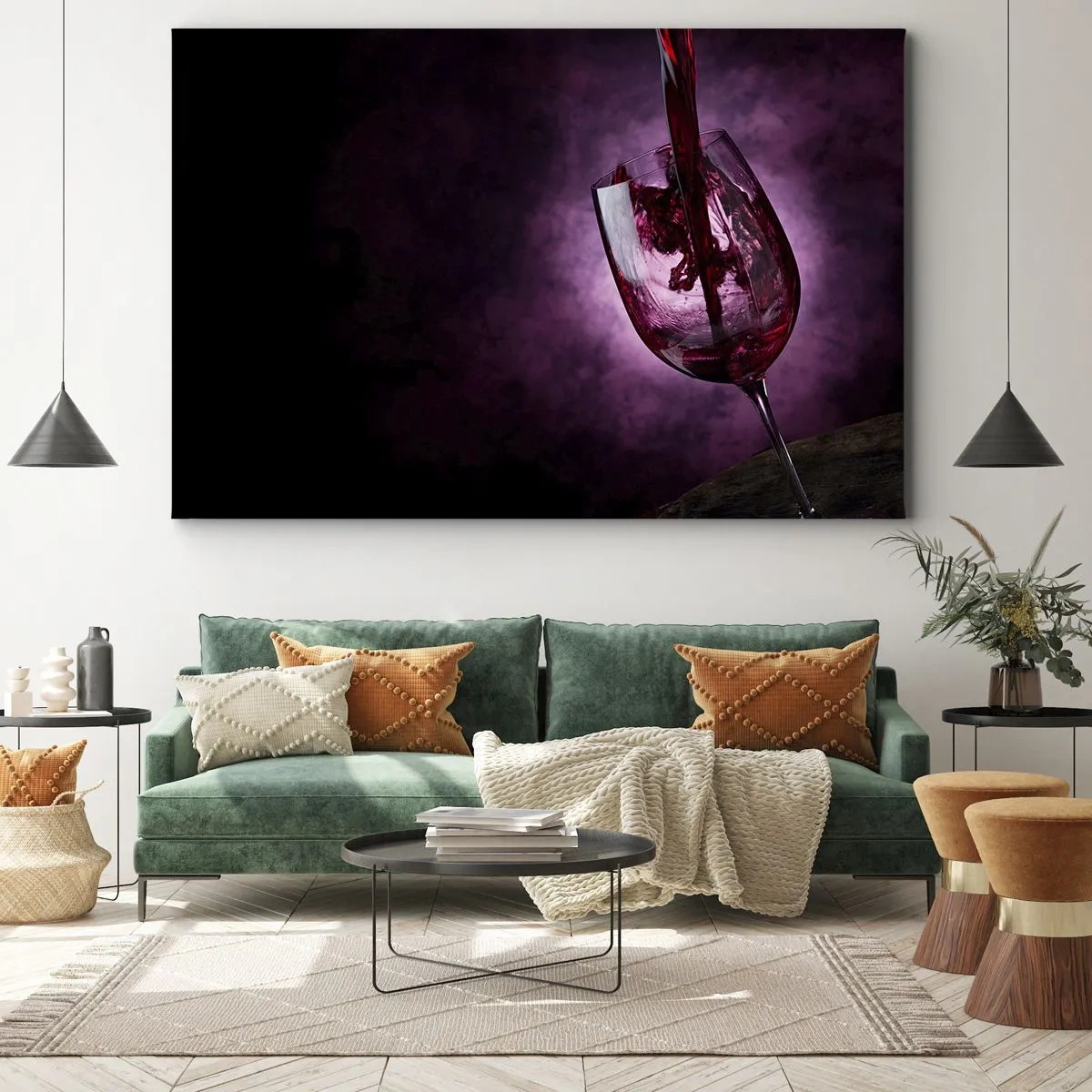 Quadro em tela - Vinho tinto sendo servido em um copo contra um fundo de fumaça roxa - 70x50cm - Escarlate? Carmim? Não, rubi. - Decoração de parede moderna para a sala de estar e quarto ARTTOR