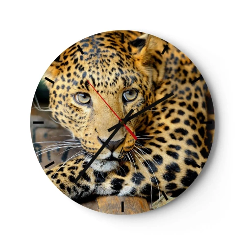 Relógio de parede - Relógio em vidro - Retrato de um leopardo com um olhar intenso - 30x30cm - Não tenha medo, venha - Decoração de parede moderna para a sala de estar, cozinha e quarto ARTTOR