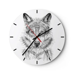 Relógio de parede - Relógio em vidro - Esboço em preto e branco de uma cabeça de lobo em um fundo branco - 30x30cm - Um líder nato - Decoração de parede moderna para a sala de estar, cozinha e quarto ARTTOR