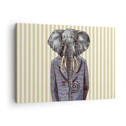 Quadro em tela - Um elefante de terno contra um fundo de listras bege - 70x50cm - Elegante por natureza - Decoração de parede moderna para a sala de estar e quarto ARTTOR