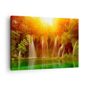 Quadro em tela - Cachoeiras cercadas por vegetação sob o brilho do pôr do sol - 70x50cm - Ao sol e à sombra - Decoração de parede moderna para a sala de estar e quarto ARTTOR