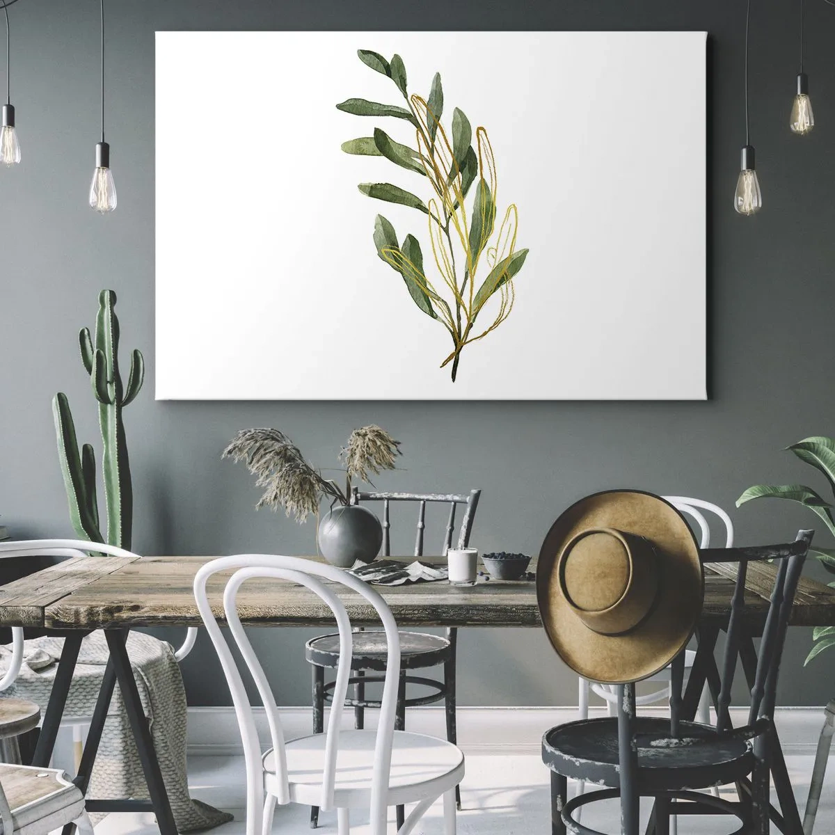 Quadro em tela - Galho verde com folhas em fundo branco - 70x50cm - Tudo que é bom - Decoração de parede moderna para a sala de estar e quarto ARTTOR