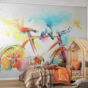Papel de Parede Standard Eco - Bicicleta colorida em aquarela com pássaros - 100x70cm - A dois na bicicleta - Decoração de parede moderna para a sala de estar e quarto ARTTOR