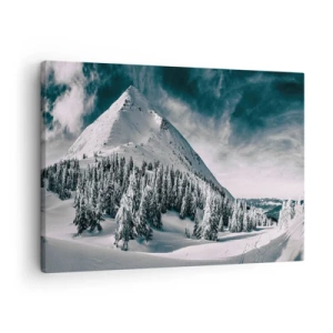 Quadro em tela - Um pico de montanha coberto de neve cercado por uma floresta de inverno - 70x50cm - Terra de neve e gelo - Decoração de parede moderna para a sala de estar e quarto ARTTOR