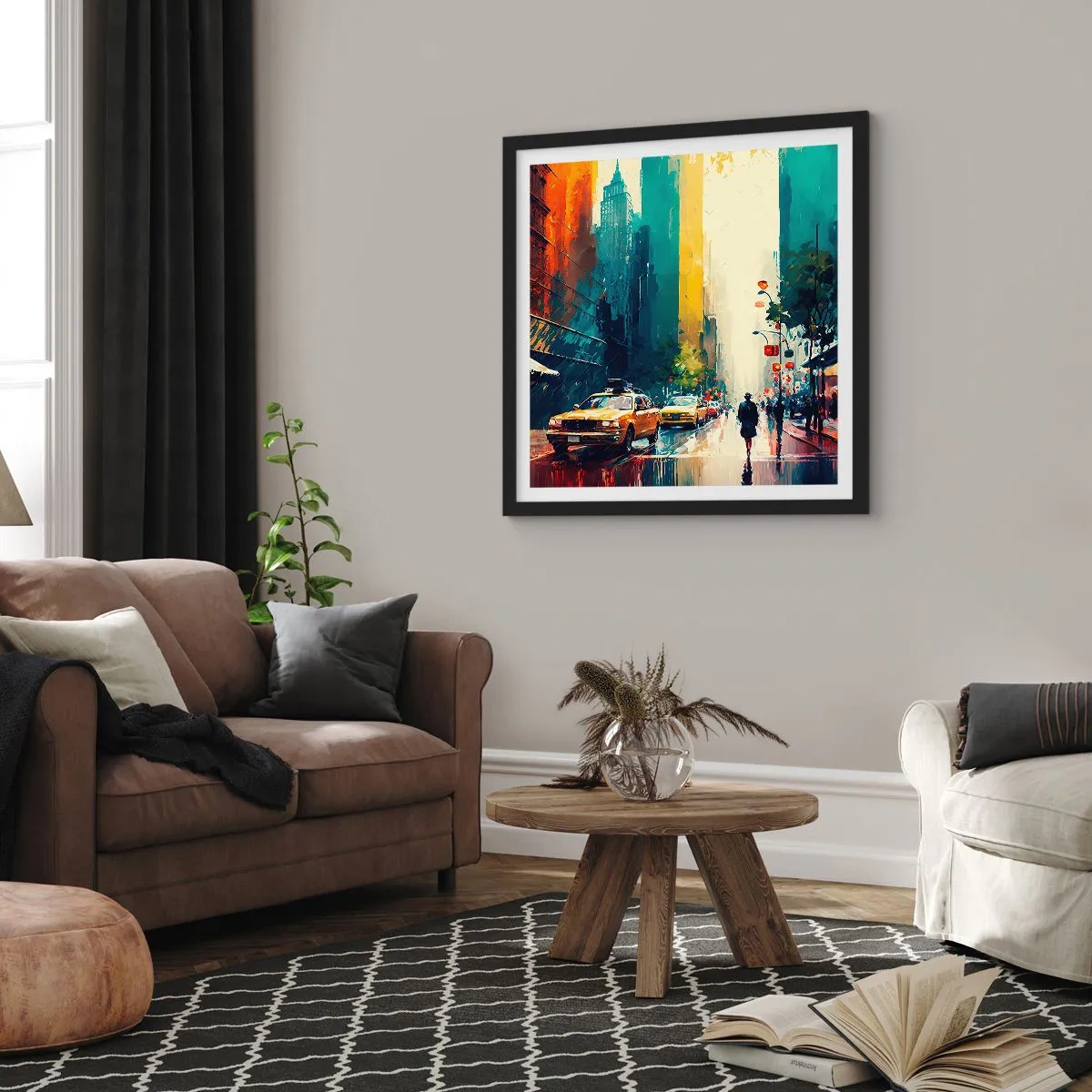 Pôster com moldura preta - Nova York – até a chuva é colorida aqui - 30x30 cm