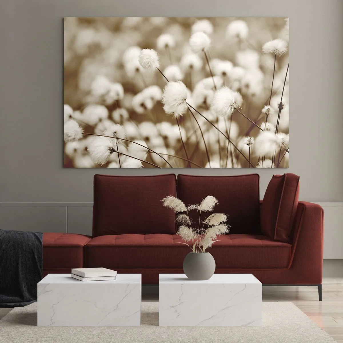 Quadro em vidro - Um campo de grama fofa em tons de sépia - 70x50cm - Campos felpudos - Decoração de parede moderna para a sala de estar e quarto ARTTOR