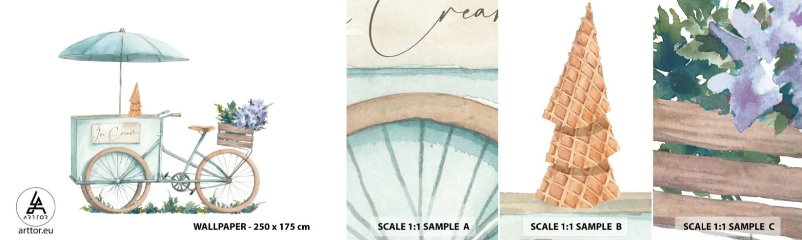 Amostra de papel de parede autocolante Deluxe Sticker - Doce lembrança do verão - Pastel, Sorvete, Bicicleta - 100x30 cm