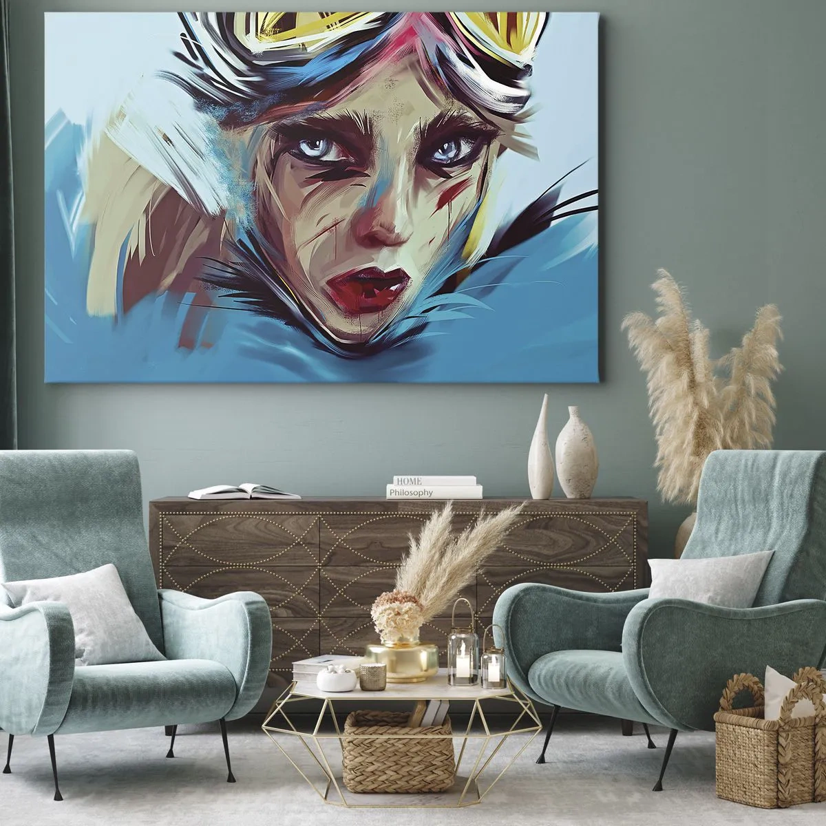 Quadro em tela - Retrato de uma mulher em cores dinâmicas e estilo abstrato - 70x50cm - A guerreira das estradas - Decoração de parede moderna para a sala de estar e quarto ARTTOR
