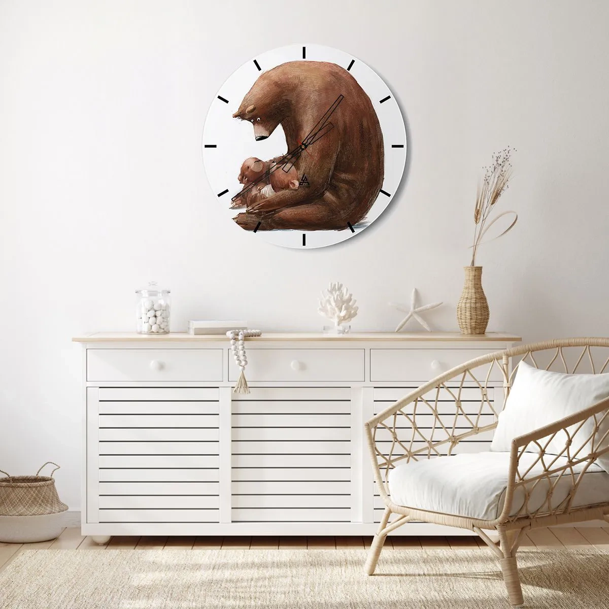 Relógio de parede - Relógio em vidro - Um ursinho de pelúcia abraçando dois ursinhos em um fundo branco - 30x30cm - Doces sonhos, crianças - Decoração de parede moderna para a sala de estar, cozinha e quarto ARTTOR