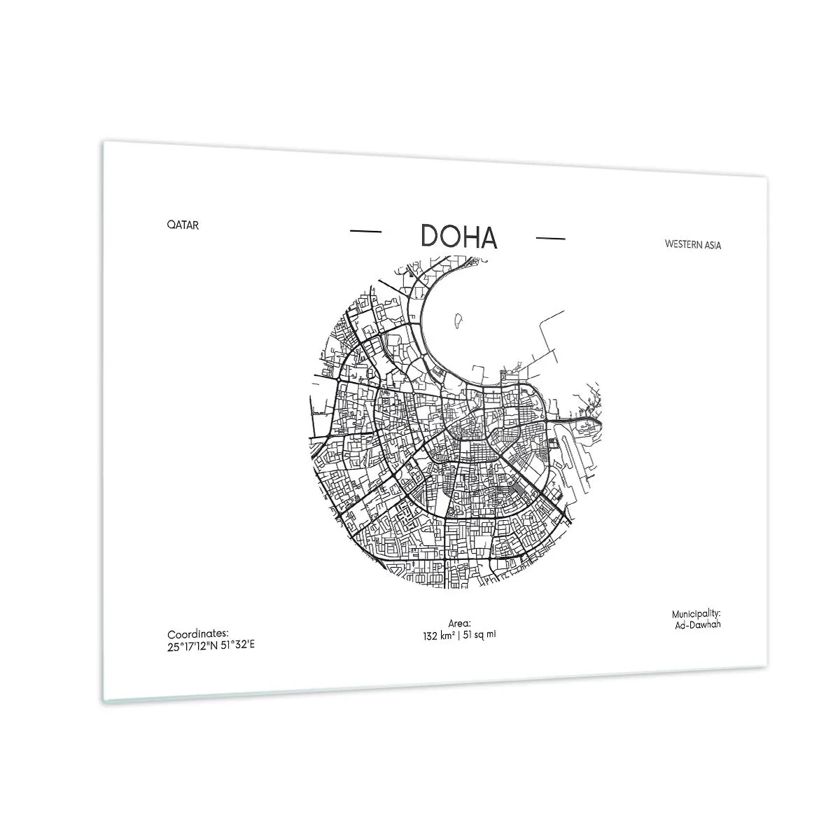 Quadro em vidro - Um mapa gráfico de Doha em estilo minimalista em preto e branco. - 70x50cm - Anatomia de Doha - Decoração de parede moderna para a sala de estar e quarto ARTTOR
