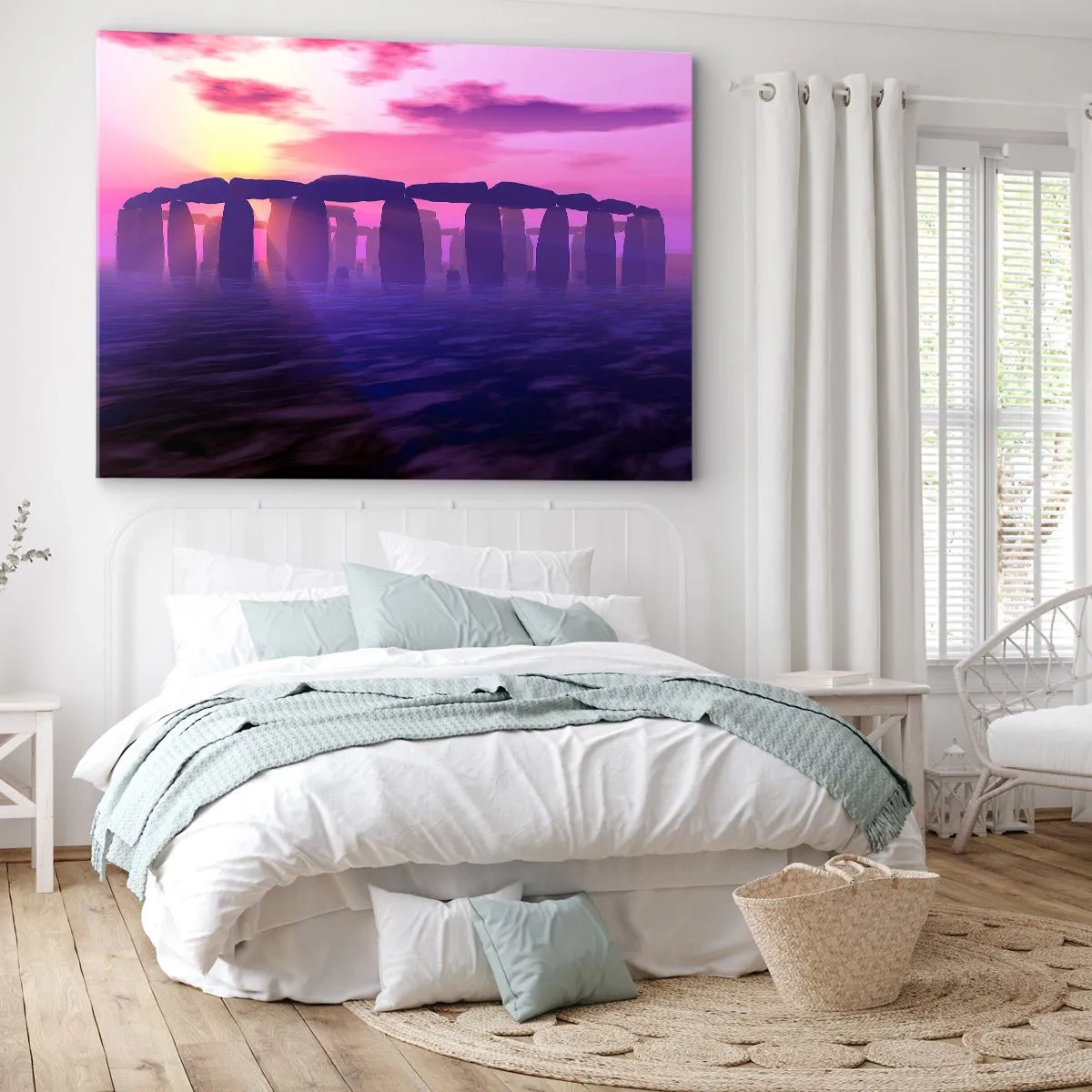 Quadro em tela - Círculo de pedras ao pôr do sol com céu roxo - 70x50cm - O mistério do amanhecer no nevoeiro - Decoração de parede moderna para a sala de estar e quarto ARTTOR