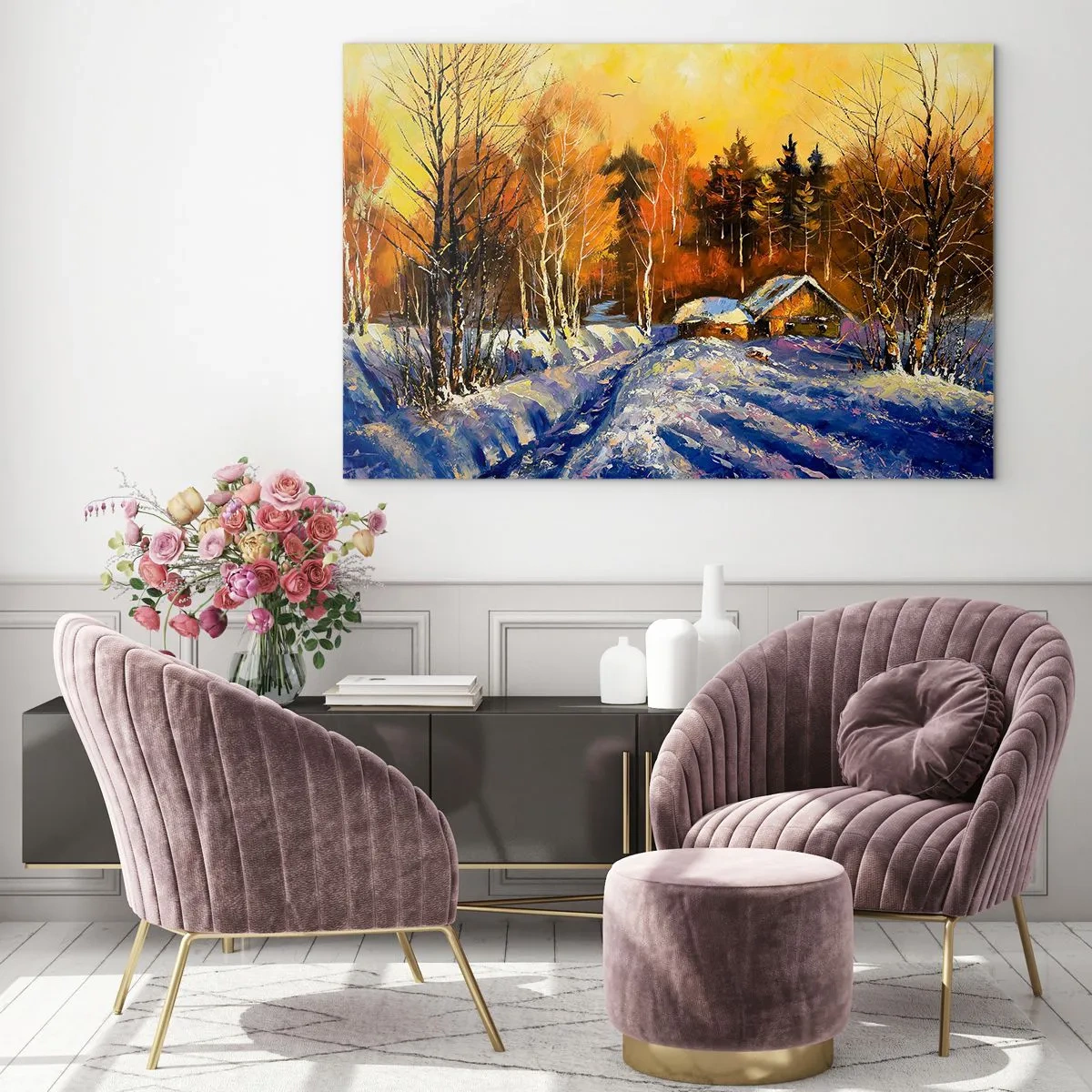 Quadro em vidro - Paisagem de inverno com uma casa de madeira ao pôr do sol - 70x50cm - Impressão de inverno ao sol - Decoração de parede moderna para a sala de estar e quarto ARTTOR