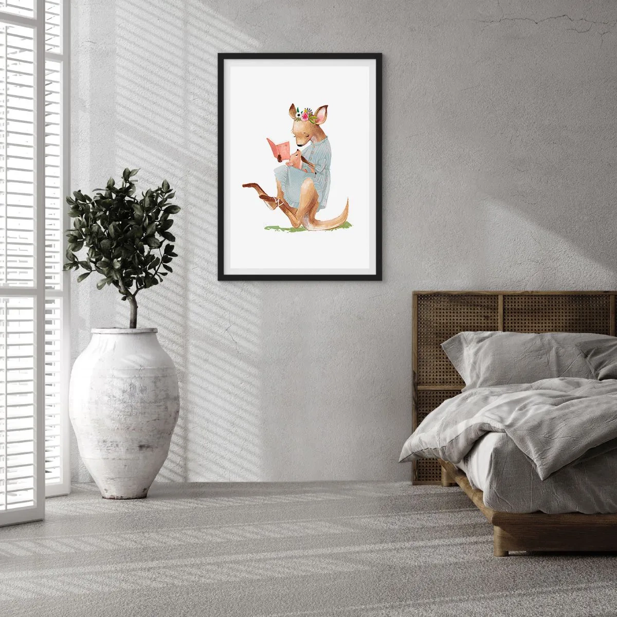 Pôster com moldura preta - Um canguru lendo um livro com uma criança em um estilo artístico. - 50x70cm - Leia para mim, mamãe - Decoração de parede moderna para a sala de estar e quarto ARTTOR