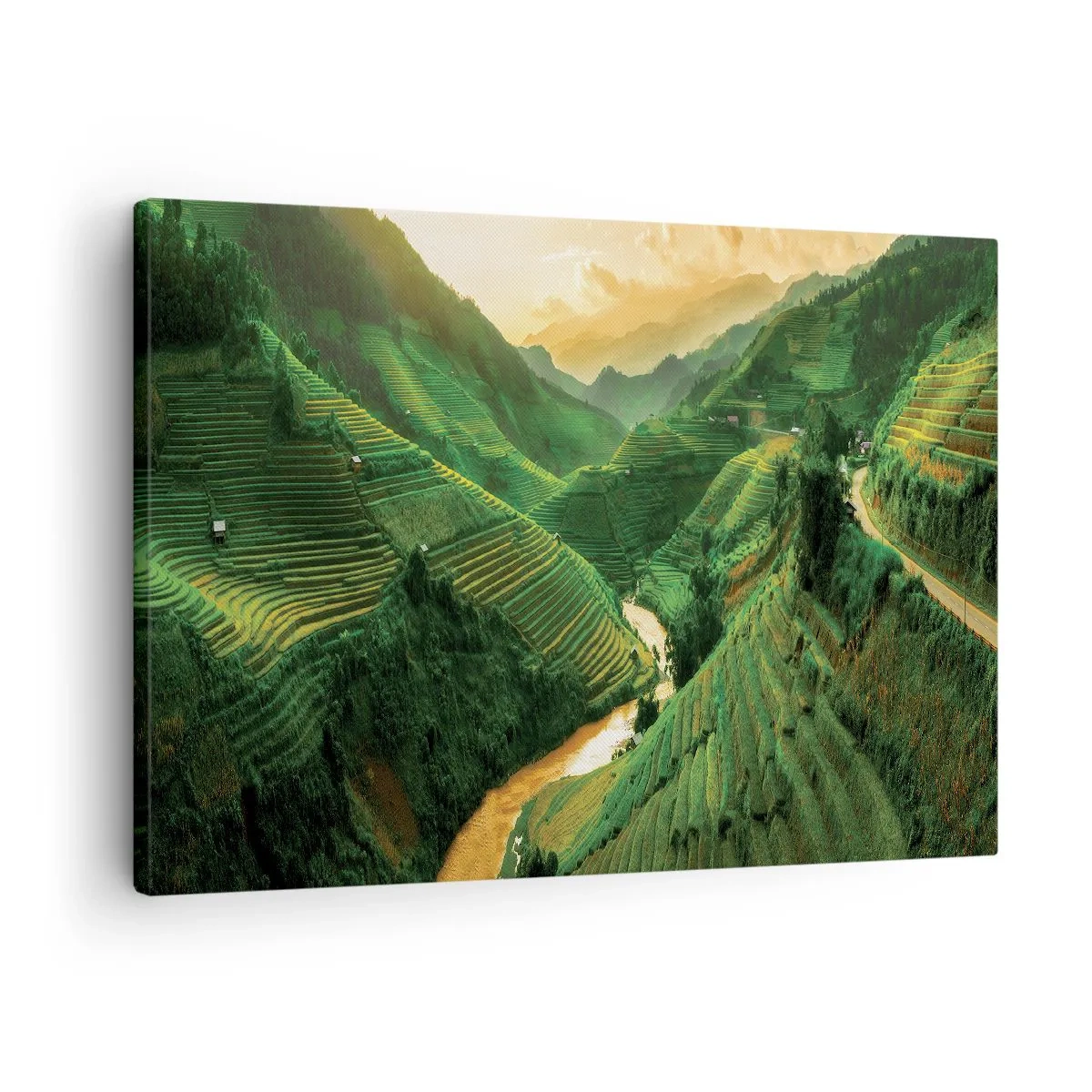 Quadro em tela - Pitorescos terraços de arroz em um vale verde iluminado pelo pôr do sol - 70x50cm - Vale vietnamita - Decoração de parede moderna para a sala de estar e quarto ARTTOR