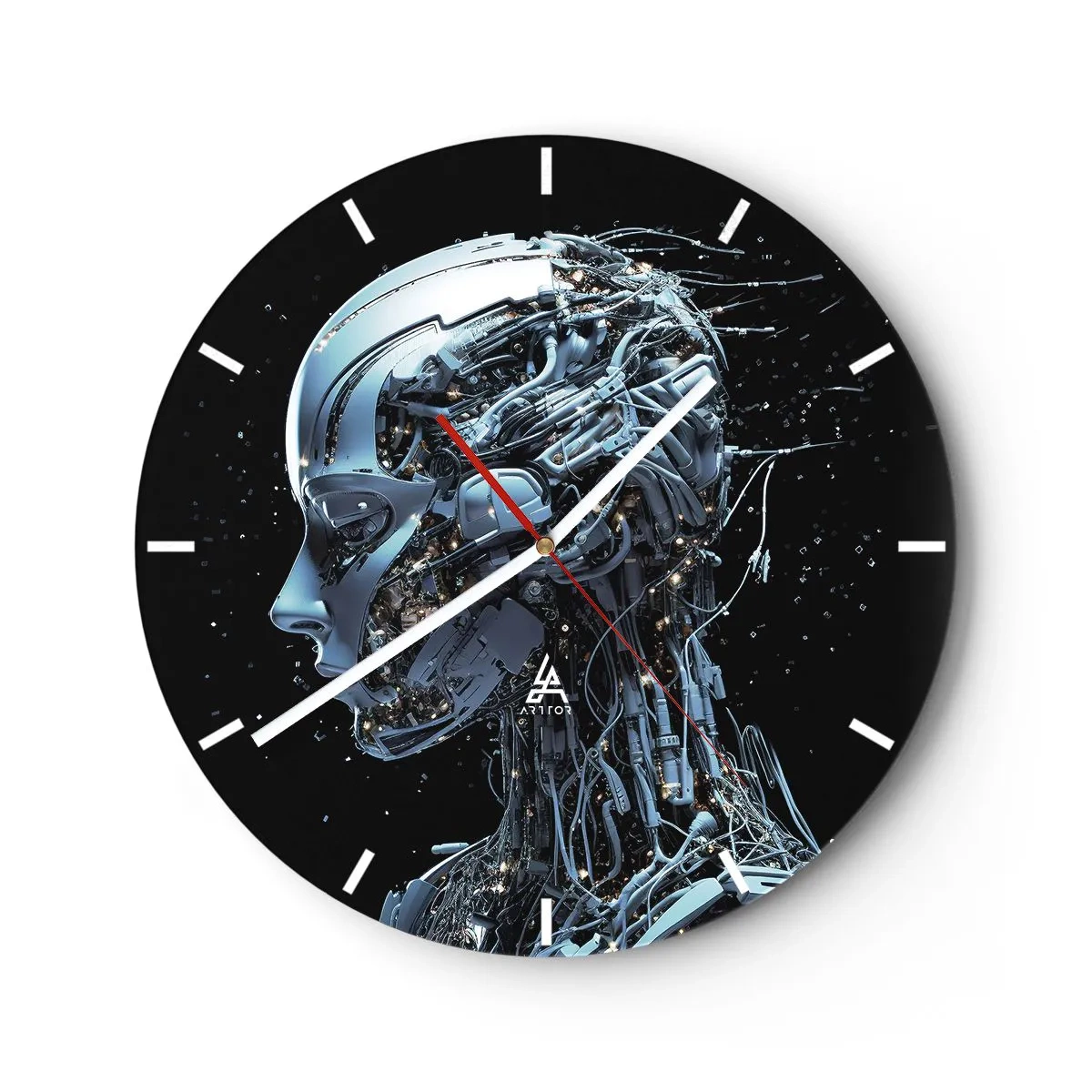 Relógio de parede - Relógio em vidro - Perfil de um robô humanoide feito de cabos futuristas - 30x30cm - A tecnologia é uma mulher - Decoração de parede moderna para a sala de estar, cozinha e quarto ARTTOR