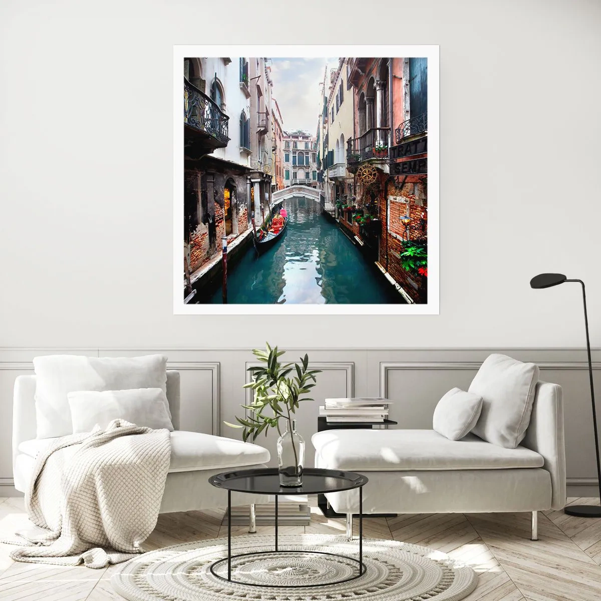 Pôster - Paisagem veneziana com gôndola e ponte - 40x40 cm