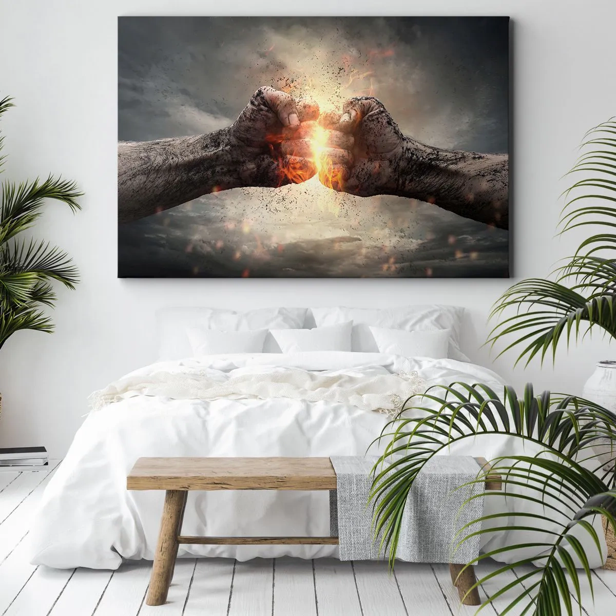 Quadro em tela - Punhos cerrados em uma cena dinâmica de incêndio - 70x50cm - Prepare-se para a luta - Decoração de parede moderna para a sala de estar e quarto ARTTOR