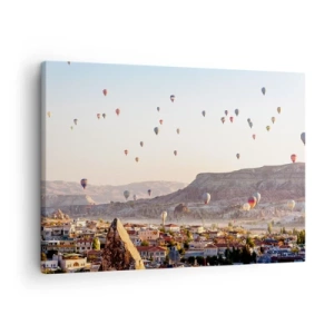 Quadro em tela - Capadócia com balões tendo como pano de fundo colinas pitorescas - 70x50cm - Como navios no céu - Decoração de parede moderna para a sala de estar e quarto ARTTOR