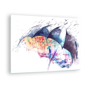 Quadro em vidro - Uma cidade colorida ao fundo sob um guarda-chuva preto - 70x50cm - Passeio na chuva - Decoração de parede moderna para a sala de estar e quarto ARTTOR