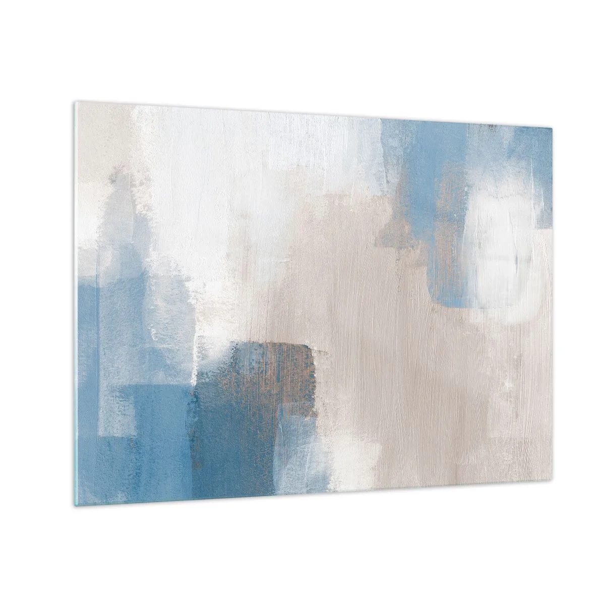 Quadro em vidro - Abstração bege e azul em tons pastéis - 70x50cm - Abstração rosa atrás da cortina azul - Decoração de parede moderna para a sala de estar e quarto ARTTOR