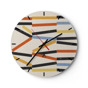 Relógio de parede - Relógio em vidro - Retângulos coloridos e pretos dispostos horizontalmente sobre um fundo claro - 30x30cm - Composição ao nível - Decoração de parede moderna para a sala de estar, cozinha e quarto ARTTOR