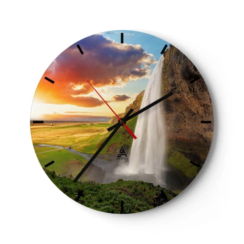 Relógio de parede - Relógio em vidro - Uma cachoeira na paisagem islandesa ao pôr do sol - 30x30cm - A plenitude do Verão islandês - Decoração de parede moderna para a sala de estar, cozinha e quarto ARTTOR
