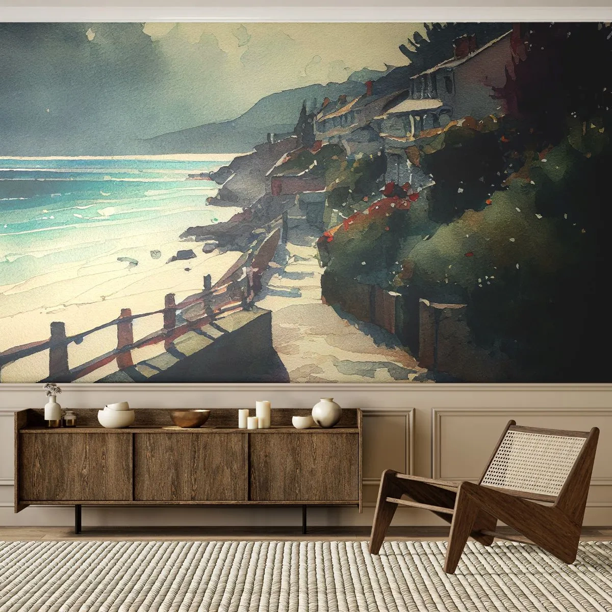 Papel de Parede Standard Eco - Um pitoresco passeio marítimo com casas mediterrânicas - 100x70cm - Cidade mediterrânea - Decoração de parede moderna para a sala de estar e quarto ARTTOR