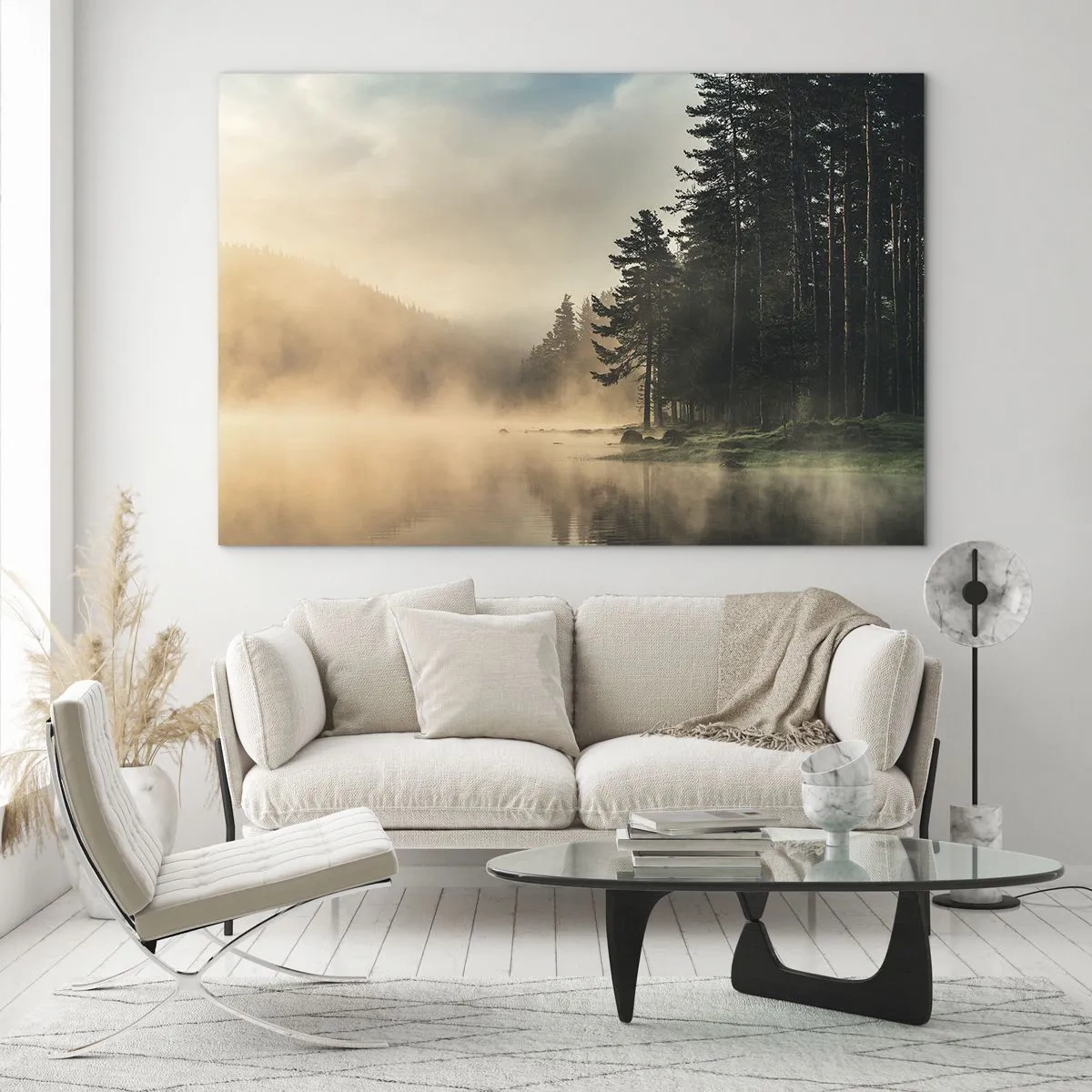Quadro em vidro - Uma manhã de neblina sobre um lago na floresta - 70x50cm - O nascimento do dia - Decoração de parede moderna para a sala de estar e quarto ARTTOR