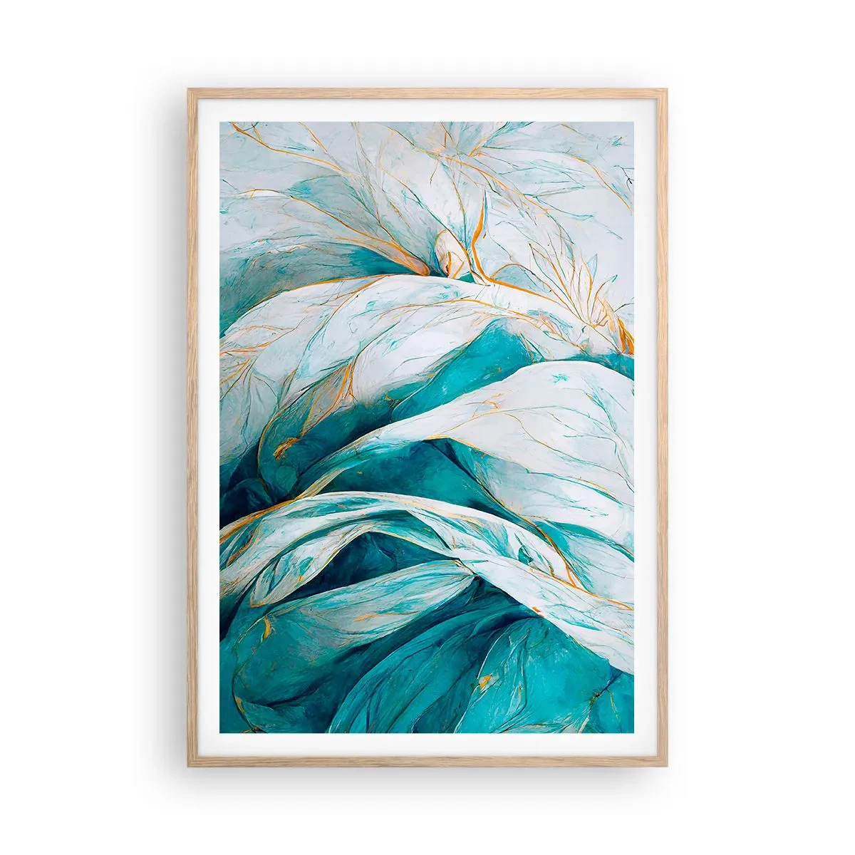 Pôster com moldura de carvalho claro - Abstração azul com lema dourado - 70x100 cm
