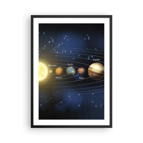 Pôster com moldura preta - O sistema solar com planetas contra o fundo de estrelas - 50x70cm - Um de dez - Decoração de parede moderna para a sala de estar e quarto ARTTOR