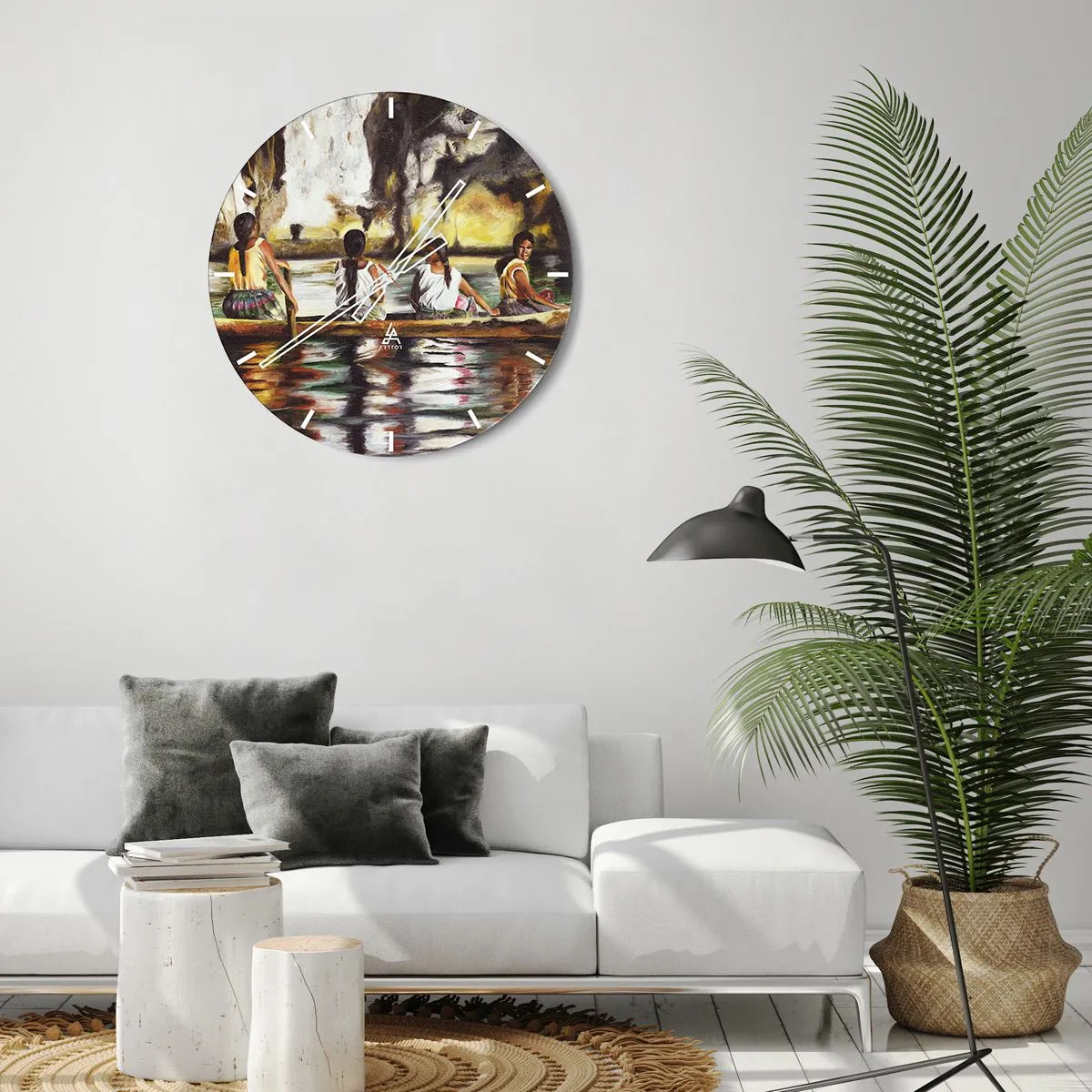 Relógio de parede - Relógio em vidro - Mulheres em um barco em uma paisagem tropical com água e pedras - 30x30cm - Num paraíso polinésio - Decoração de parede moderna para a sala de estar, cozinha e quarto ARTTOR