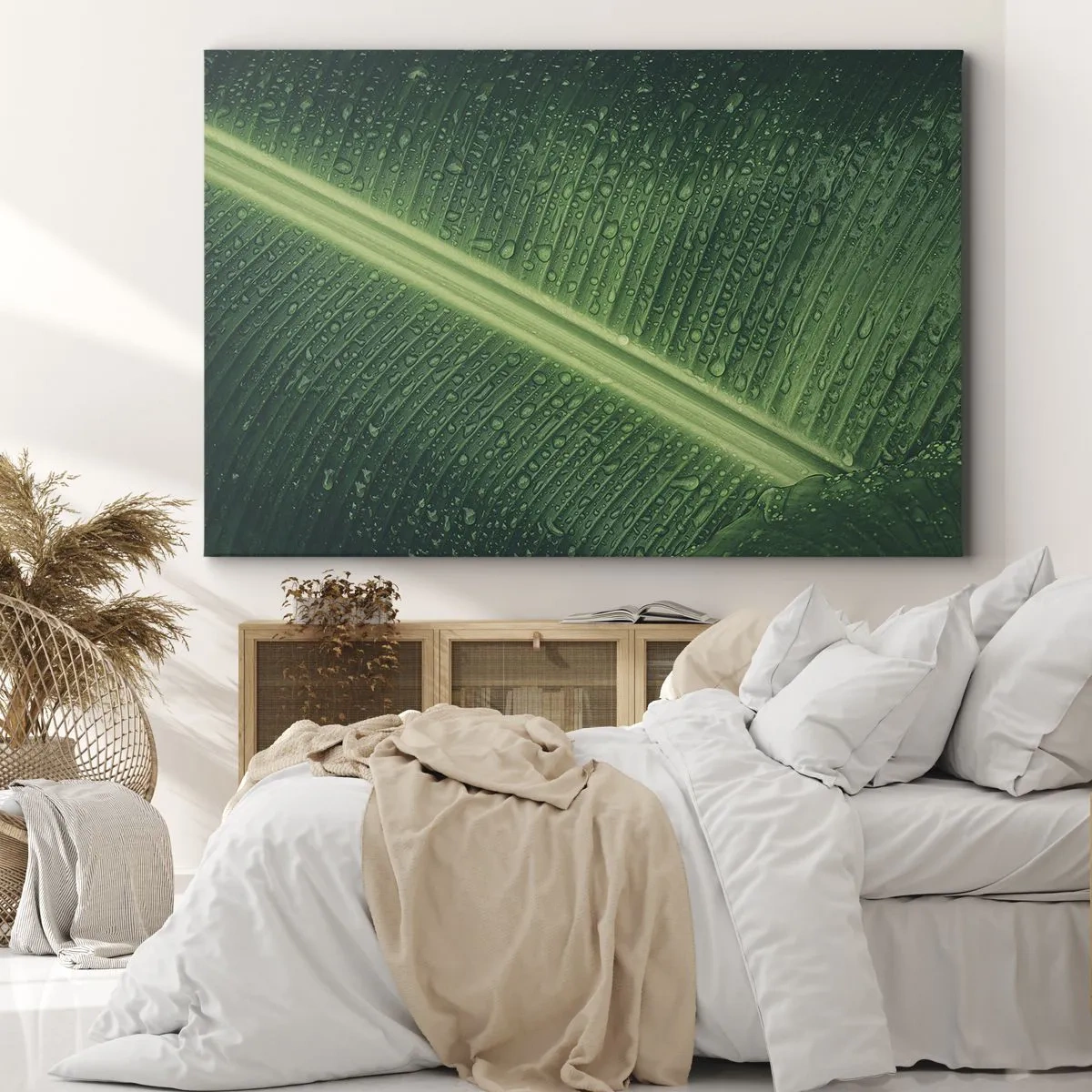 Quadro em tela - Uma folha verde com gotas de água em sua superfície - 70x50cm - A estrutura da vegetação - Decoração de parede moderna para a sala de estar e quarto ARTTOR
