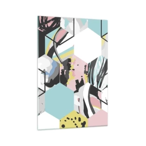 Quadro em vidro - Hexágonos e cubos em seis cores - 70x100 cm