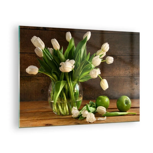 Quadro em vidro - Um vaso de tulipas brancas e maçãs verdes sobre uma mesa de madeira - 70x50cm - Suculentas e frescas em verde e branco - Decoração de parede moderna para a sala de estar e quarto ARTTOR