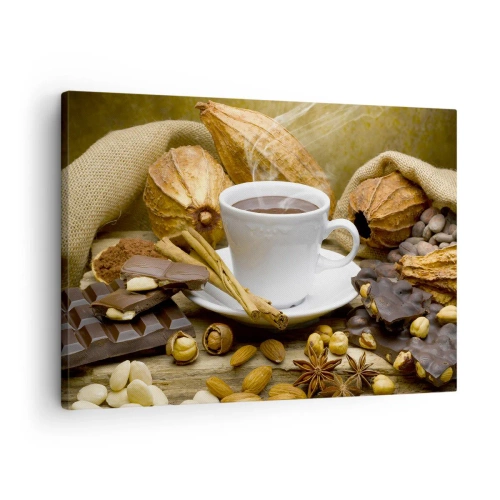 Quadro em tela - Uma xícara de chocolate quente cercada de cacau e canela - 70x50cm - Para os que procuram emoções - Decoração de parede moderna para a sala de estar e quarto ARTTOR