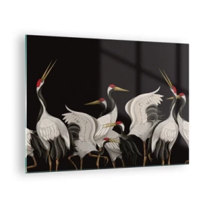 Quadro em vidro - Grous brancos com cabeças vermelhas em um fundo preto - 70x50cm - Assuntos de aves - Decoração de parede moderna para a sala de estar e quarto ARTTOR