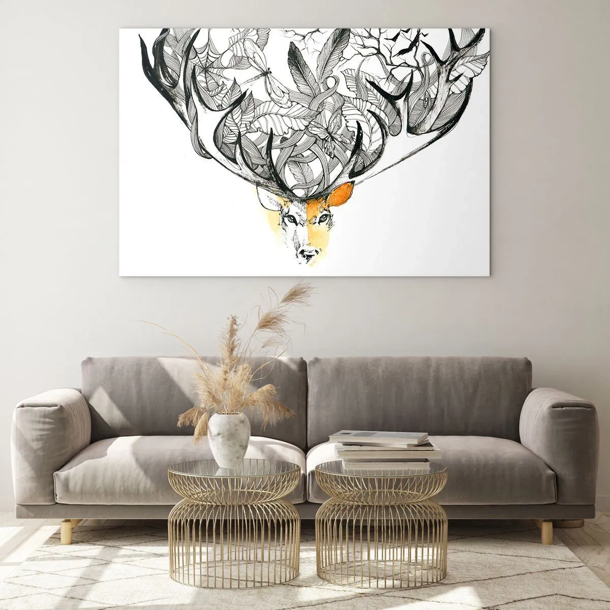 Quadro em vidro - Desenho de um veado com chifres extravagantes - 70x50cm - Chifres da abundância - Decoração de parede moderna para a sala de estar e quarto ARTTOR
