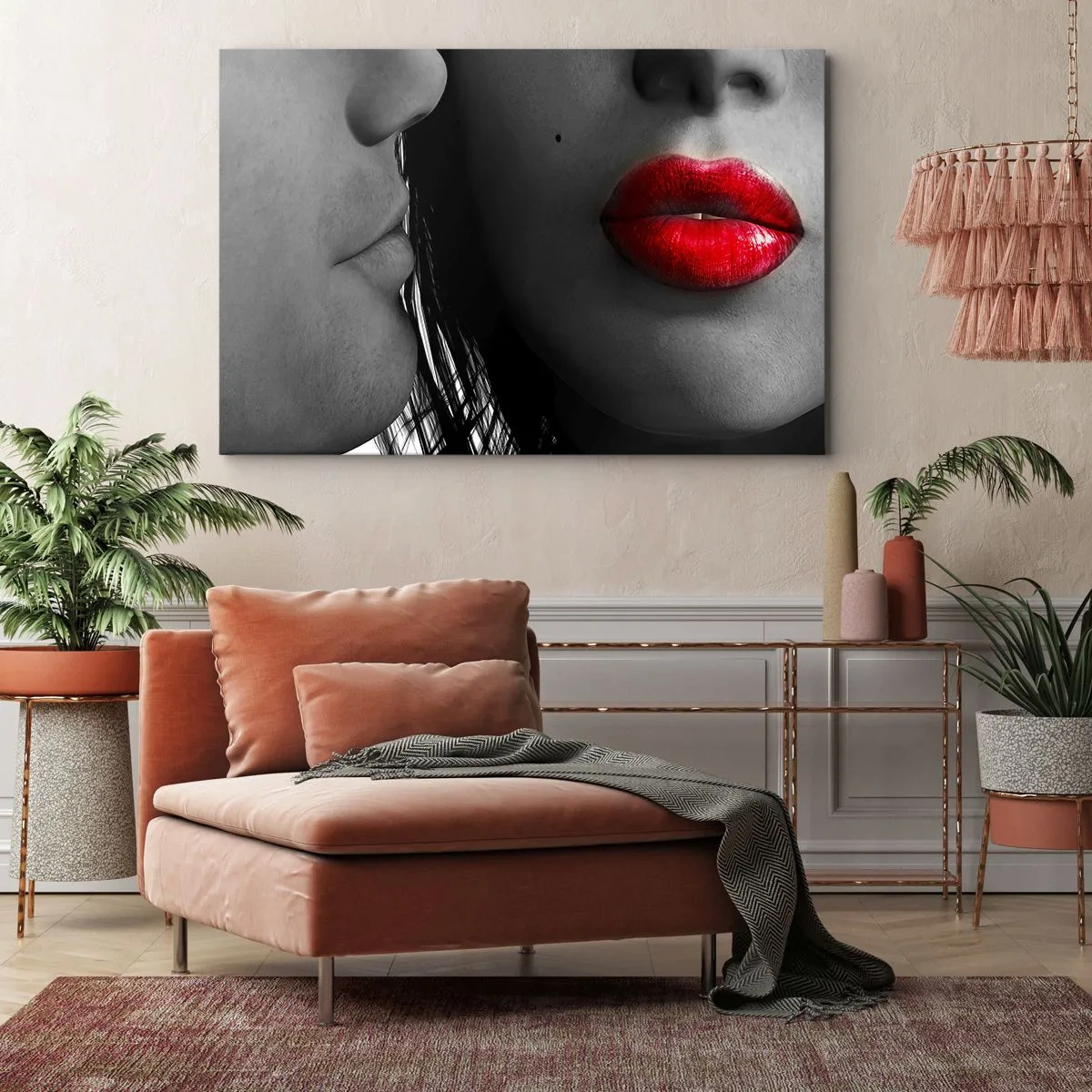 Quadro em tela - Close-up dos rostos de uma mulher e de um homem com lábios vermelhos. - 70x50cm - Cara a cara  - Decoração de parede moderna para a sala de estar e quarto ARTTOR