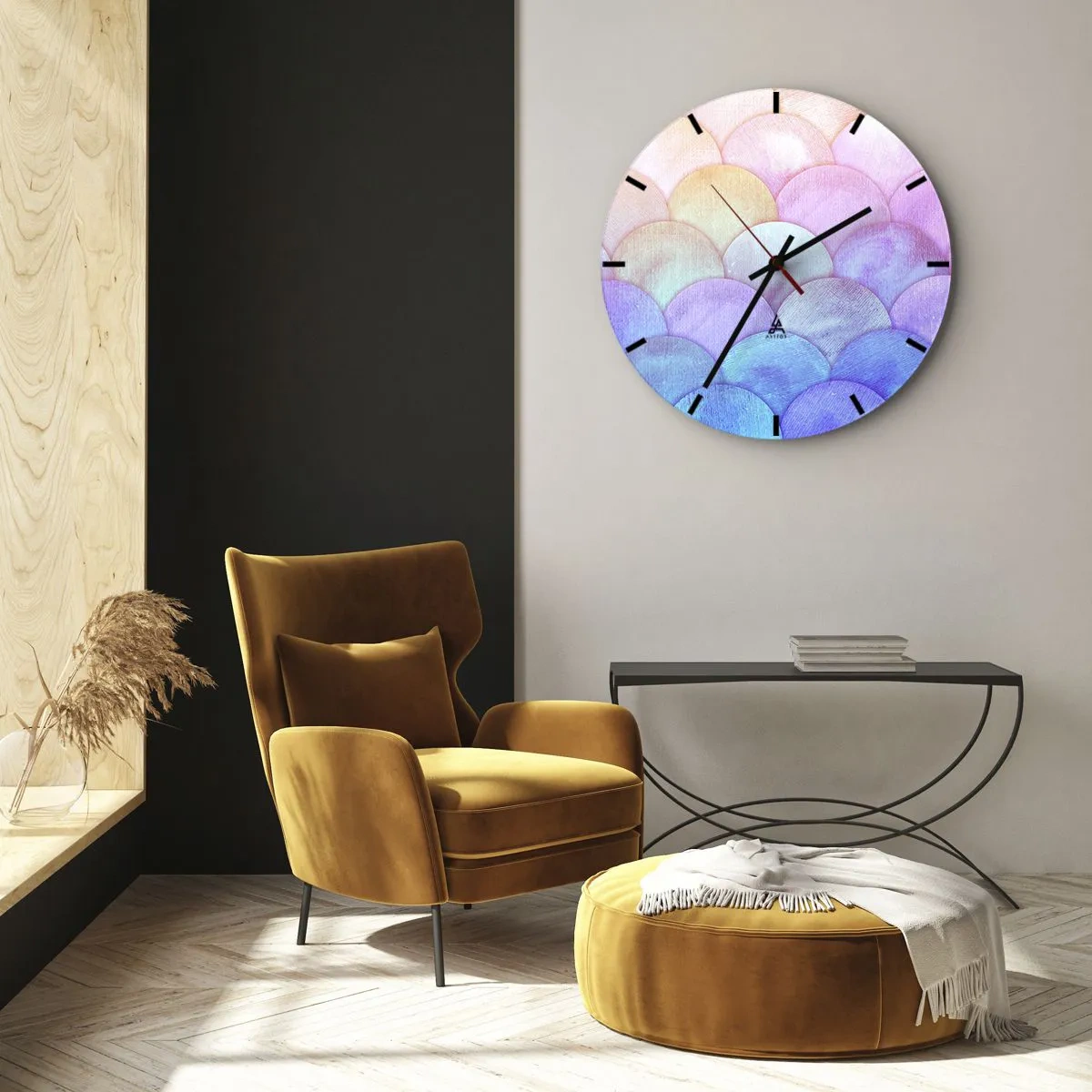 Relógio de parede - Relógio em vidro - Escamas pastéis semicirculares em tons de rosa, roxo e azul - 30x30cm - Escala de pérola - Decoração de parede moderna para a sala de estar, cozinha e quarto ARTTOR
