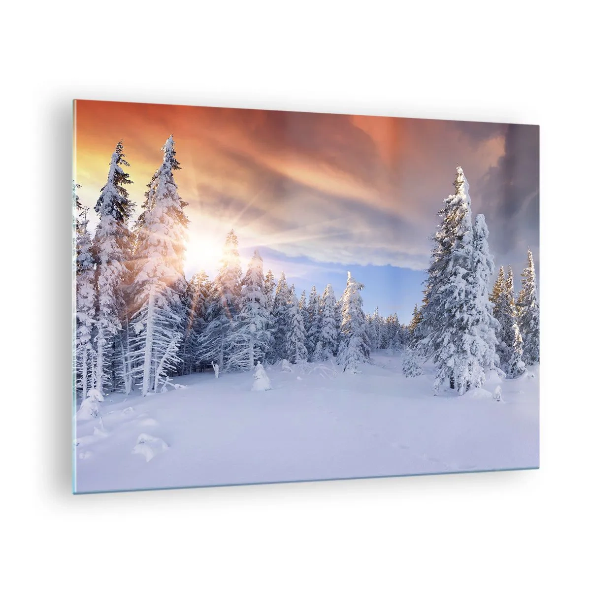 Quadro em vidro - Paisagem de inverno com árvores cobertas de neve ao pôr do sol - 70x50cm - Espetáculo de neve da natureza - Decoração de parede moderna para a sala de estar e quarto ARTTOR