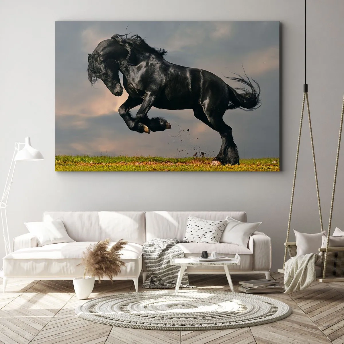 Quadro em tela - Um azarão em um salto dinâmico contra o céu - 70x50cm - Bonito e lento - Decoração de parede moderna para a sala de estar e quarto ARTTOR