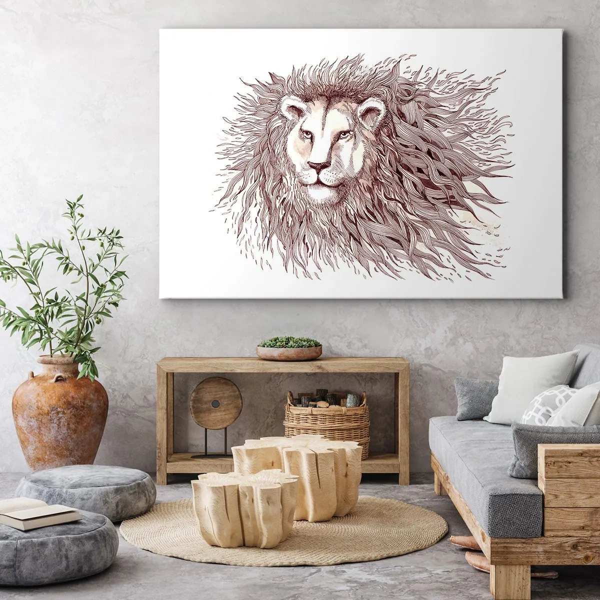 Quadro em tela - Pintura artística em aquarela de um leão com uma juba detalhada - 70x50cm - Senhor das Chamas - Decoração de parede moderna para a sala de estar e quarto ARTTOR