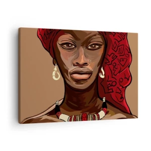 Quadro em tela - Retrato de uma mulher com um turbante vermelho sobre fundo bege - 70x50cm - Vénus de Ébano - Decoração de parede moderna para a sala de estar e quarto ARTTOR