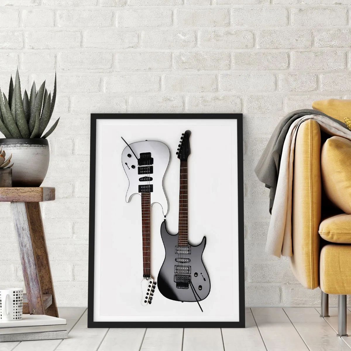 Pôster com moldura preta - Guitarras elétricas modernas em um fundo branco - 50x70cm - Harmonia das formas - Decoração de parede moderna para a sala de estar e quarto ARTTOR